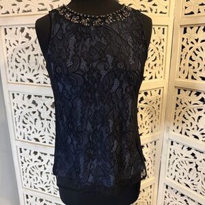 NWT White House Black Market Navy Lace Embellished Top Sz S